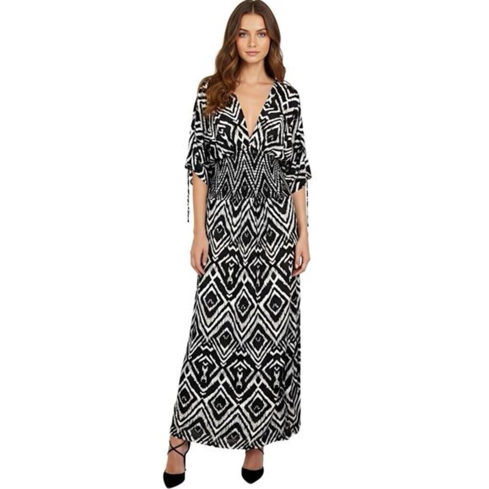T-Bags Los Angeles Womens Dress Maxi V Neck Smocked Waist Kimono Lagenlook Boho